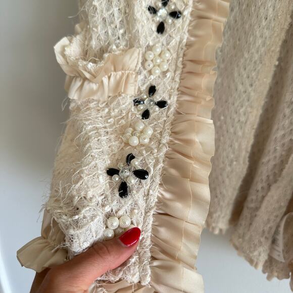 Vintage Ryu Ruffle Lace Bead Hook Closure Jacket Cream L - Picture 7 of 9